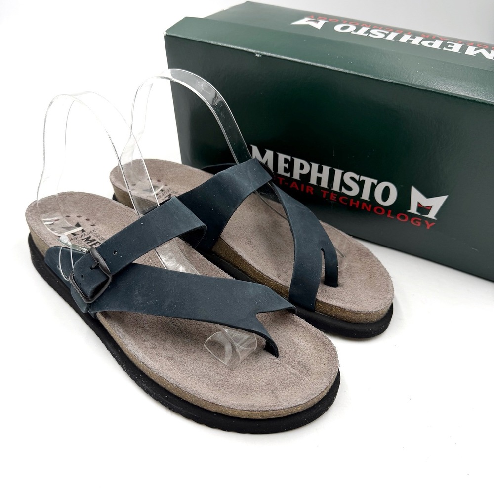 Mephisto Helen Sandals Navy Blue Leather Thong Flat Womens Sz 40 EU / 10 US